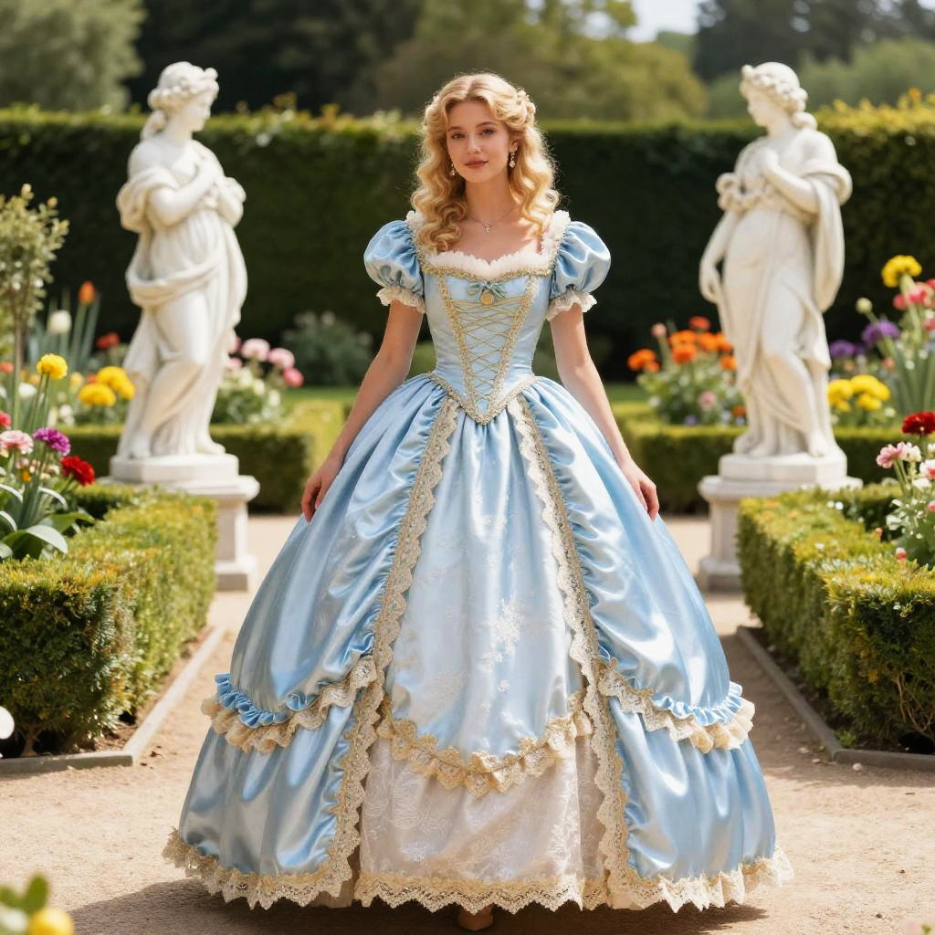 Elegant Woman in Blue Rococo Style Ball Gown in Garden
