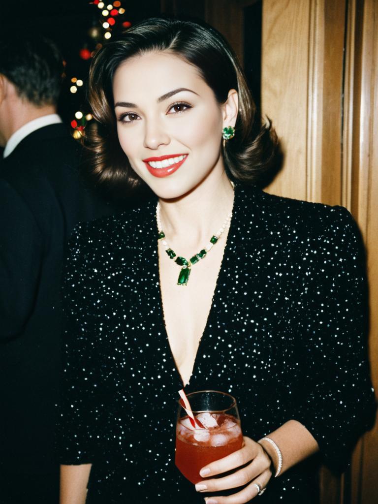 Elegant Woman in Black Glitter Dress Holding Red Cocktail
