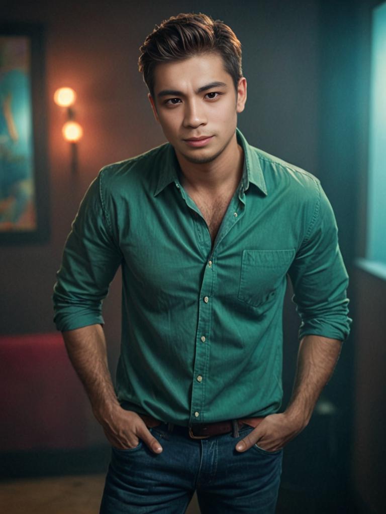 Confident man in green shirt with stylish lighting