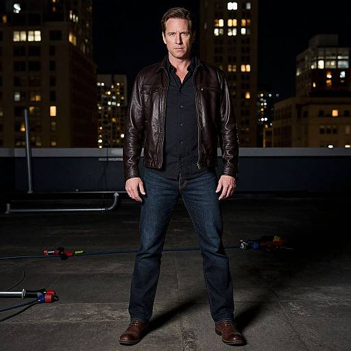 Man in Leather Jacket Standing on Rooftop at Night Cityscape