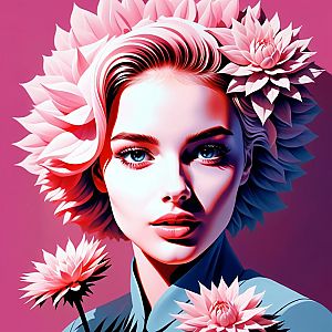 Striking Woman Surrounded by Blooming Flowers