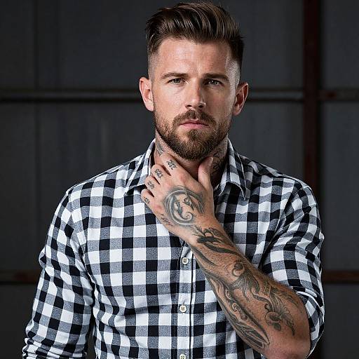 Portrait of Tattooed Man in Black and White Checkered Shirt