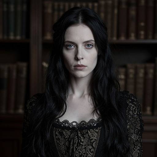 Gothic Woman in Black Lace Dress with Antique Bookshelf Background