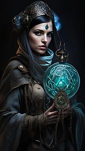 Mysterious Woman in Medieval Armor with Blue Orb
