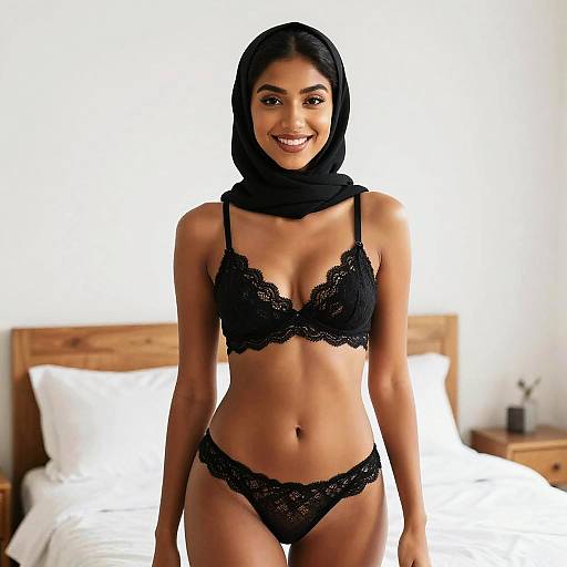 Confident Woman Wearing Black Lace Lingerie and Headscarf in Bedroom