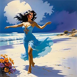 Woman in Blue Dress Dancing on Beach at Night