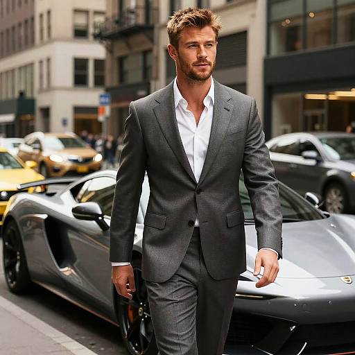 Confident Man in Grey Suit Walking Past Luxury Sports Car in Urban Setting
