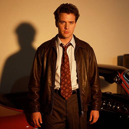Retro Style Man in Leather Jacket Standing by Classic Red Convertible
