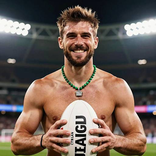 Shirtless Man Holding Rugby Ball in Stadium with Green Beaded Necklace