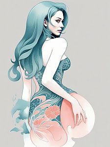 Stylized Woman with Teal Hair in Floral Dress
