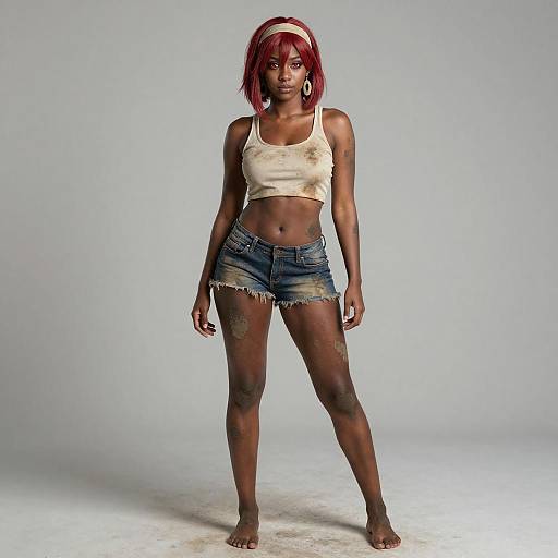 Young Woman with Red Hair in Dirty Casual Outfit Standing Barefoot