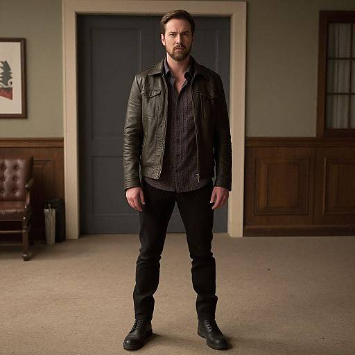Confident Man in Leather Jacket Standing in Classic Vintage Room