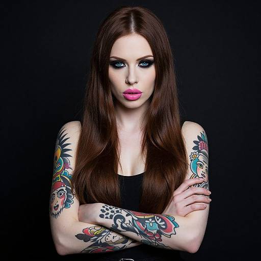 Confident Woman with Long Hair and Colorful Traditional Tattoos