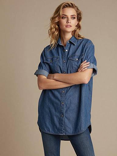 Trendy Gen Z Woman in Casual Denim Shirt and Jeans