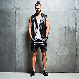 Stylish Man in Leather Vest and Shorts