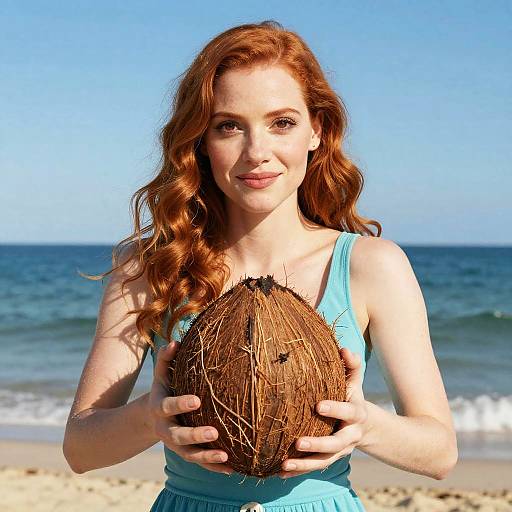 Young Red-Haired Woman Holding Coconut on Beach in Bright Sunlight