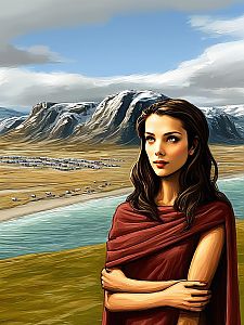Woman in Serene Landscape with Mountains and River