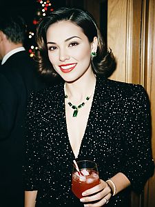 Elegant Woman in Black Glitter Dress Holding Red Cocktail
