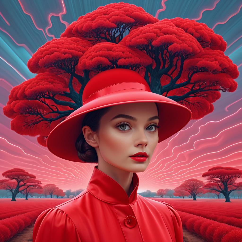 Woman in Red Outfit Against Surreal Landscape with Red Tree