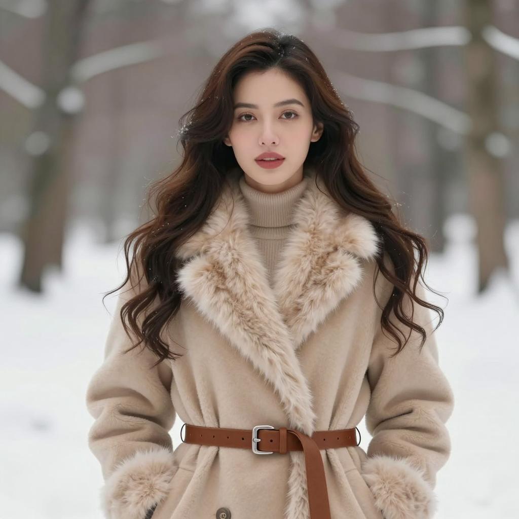 Elegant Woman in Beige Fur-Trimmed Coat in Snowy Winter Outdoors