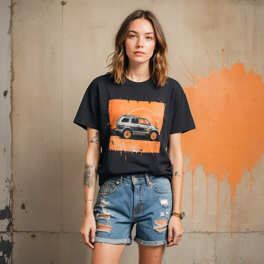 Stylish woman in retro car t-shirt and denim shorts