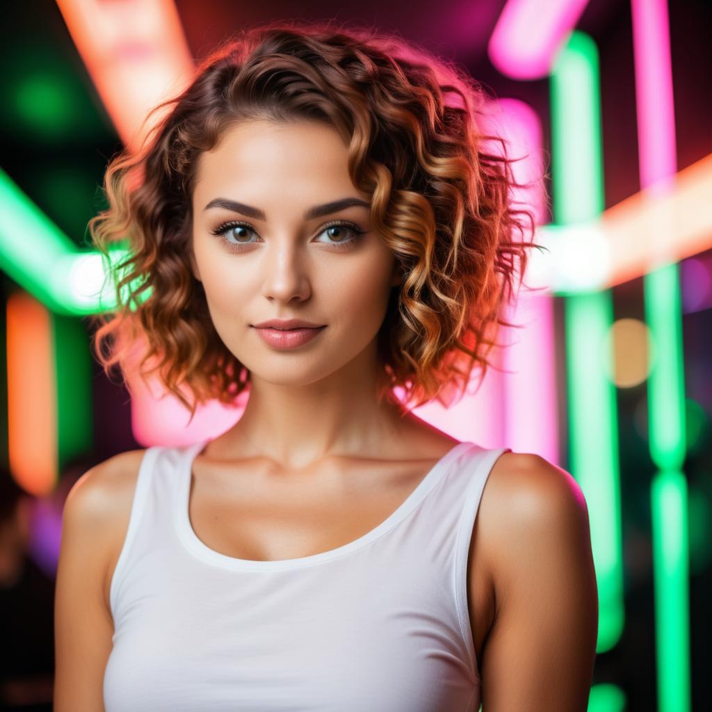 Young Woman with Curly Hair in Neon Light Urban Portrait