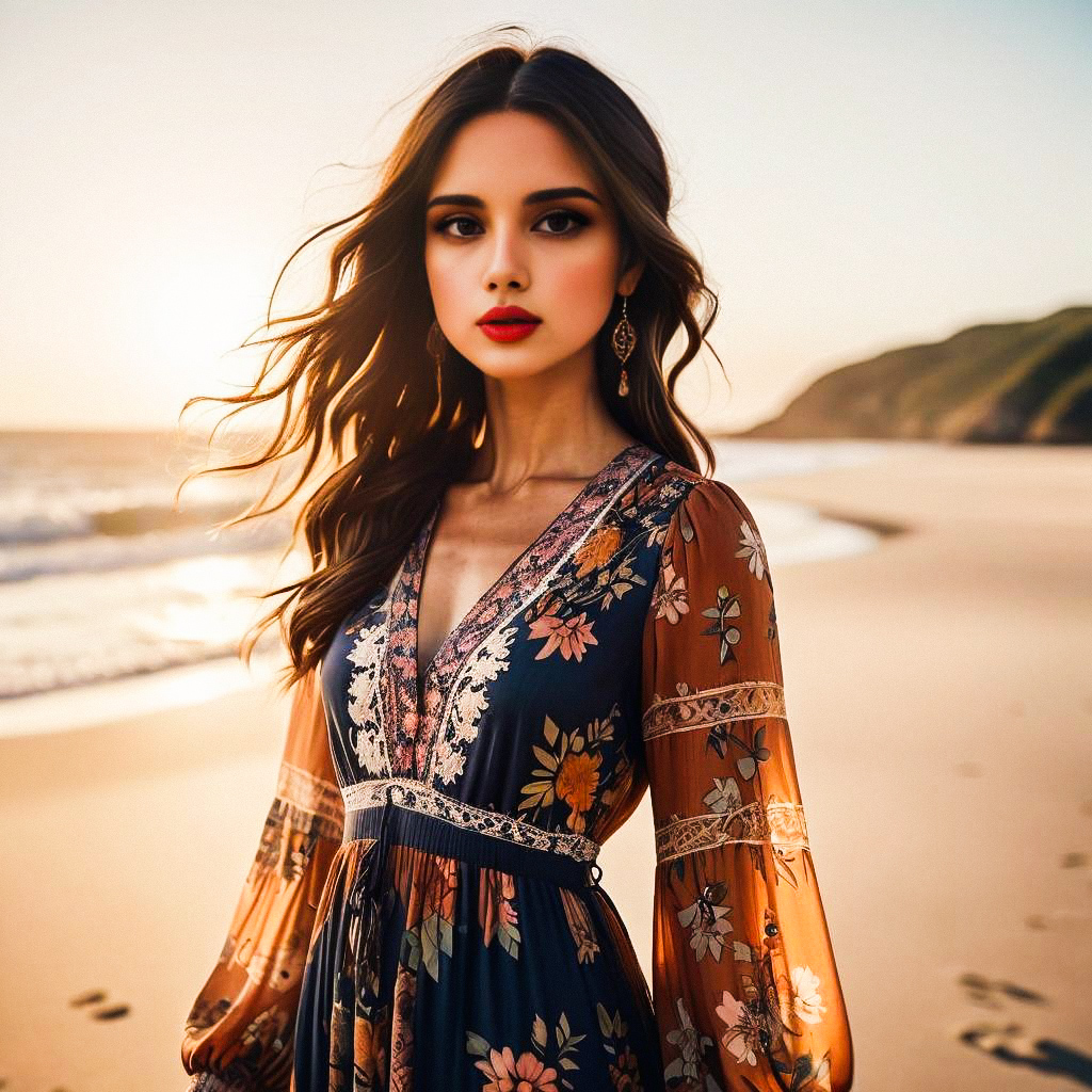 Young Woman in Floral Dress on Beach at Golden Hour Young Woman in Floral Dress on Beach at Golden Hour