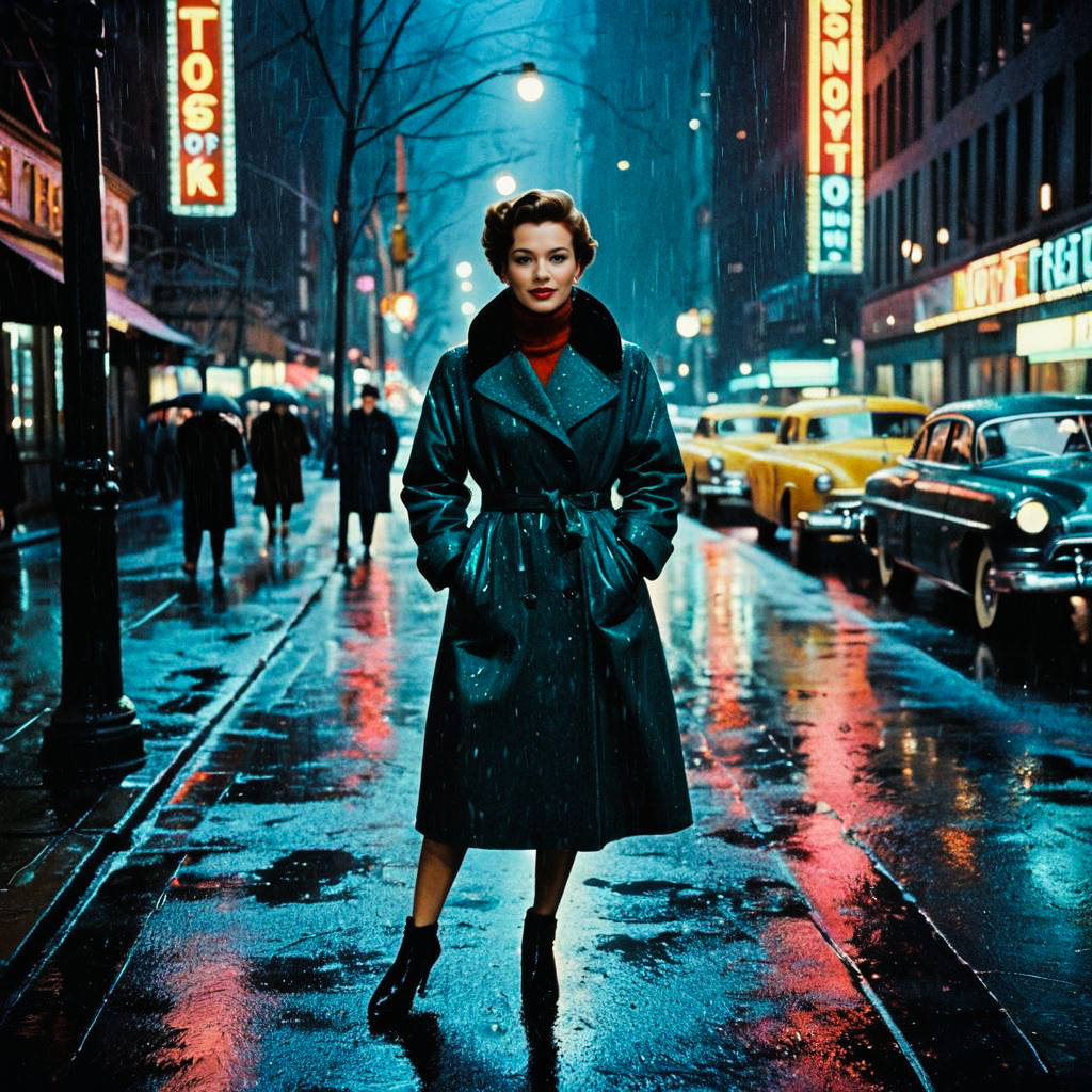 Woman in Vintage Coat on Rainy City Street