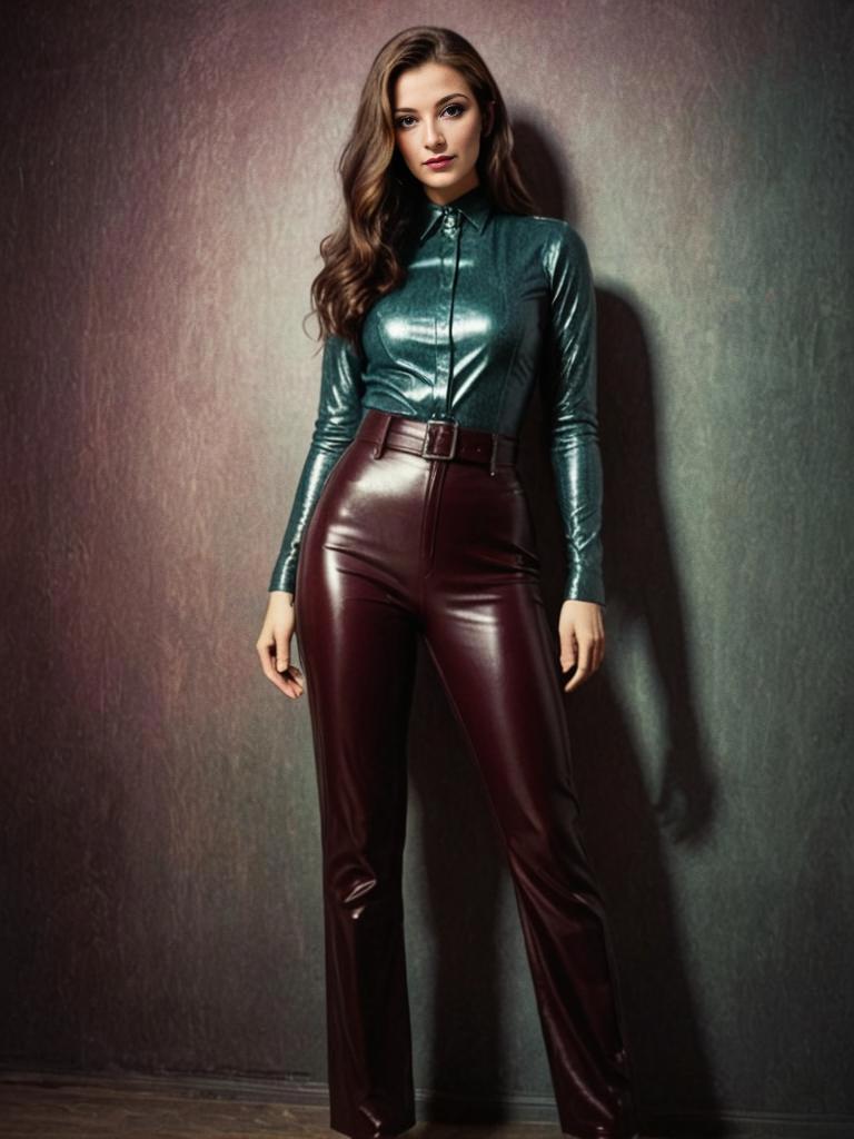 Chic Woman in Metallic Top and Burgundy Pants