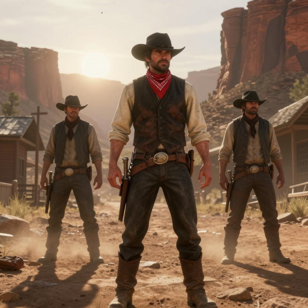Western Cowboys in Sunset Town Showdown Scene