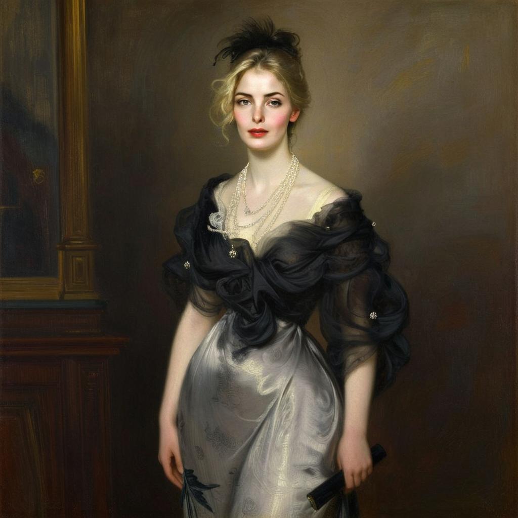 Elegant Vintage Style Portrait of Woman in Black Shawl and Pearl Necklace