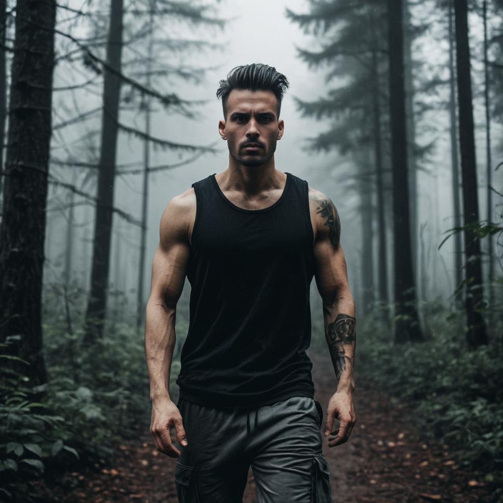 Muscular Man in Misty Forest