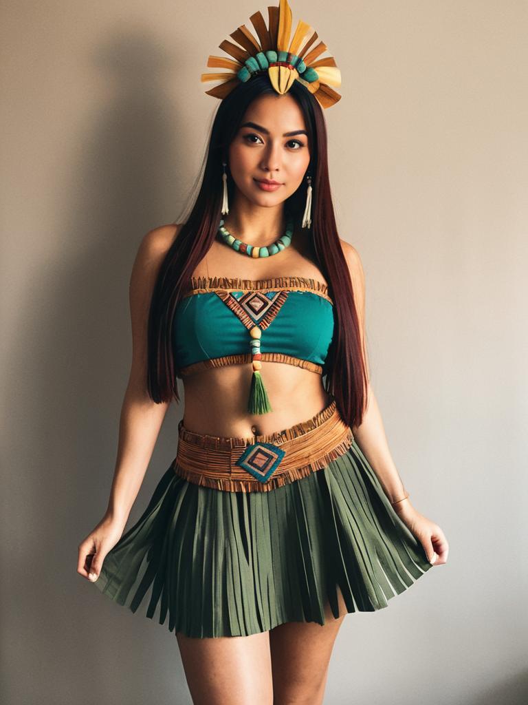 Woman in Realistic Tiki Cosplay Costume with Tribal Accessories