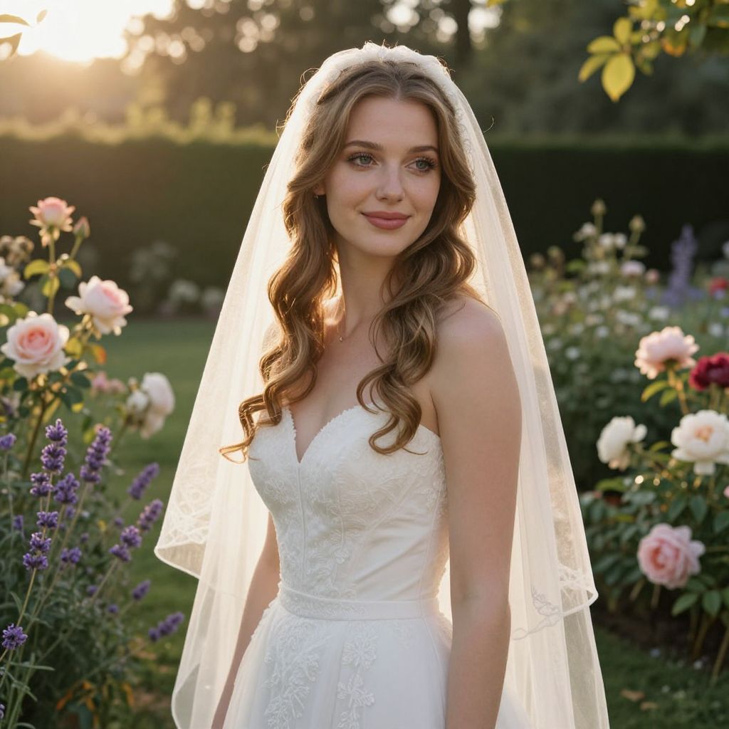 Beautiful Bride in Lace Wedding Dress and Veil in Garden