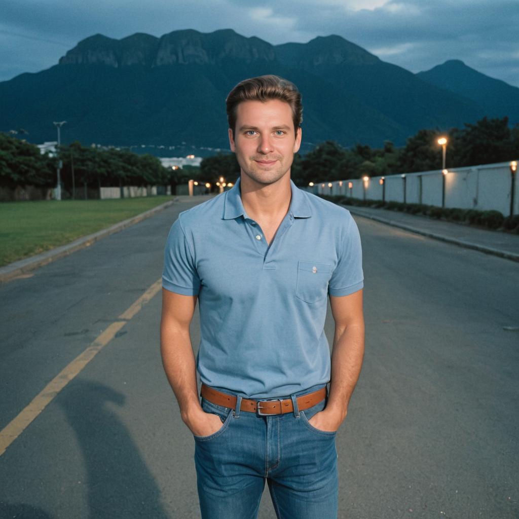 Confident man in blue polo on quiet road with mountains