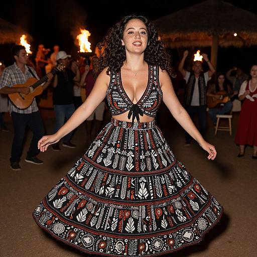 Woman Dancing in Patterned Dress at Nighttime Celebration with Live Music
