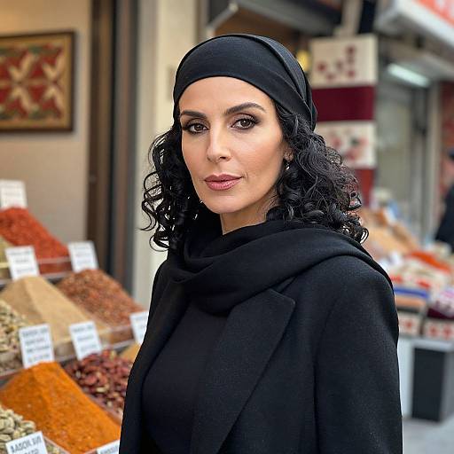 Woman in Black Headscarf at Vibrant Outdoor Spice Market