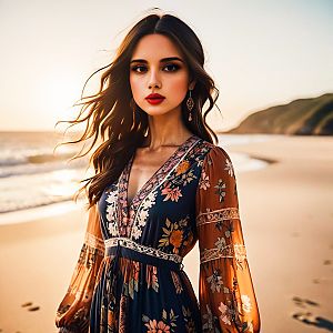 Young Woman in Floral Dress on Beach at Golden Hour