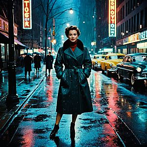 Woman in Vintage Coat on Rainy City Street