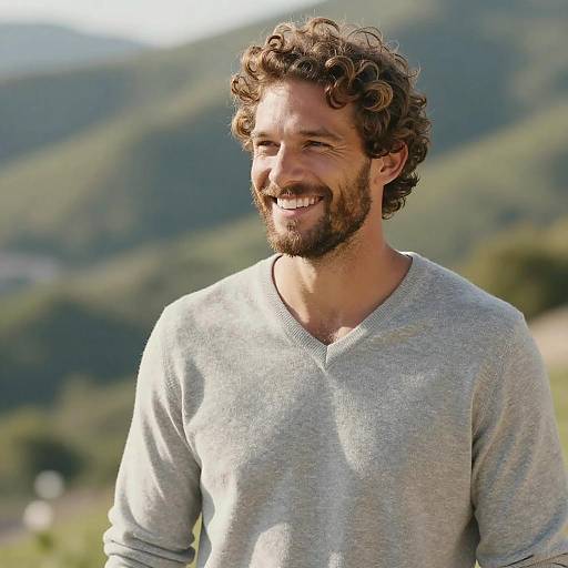 Joyful Man Smiling Outdoors in Grey Sweater