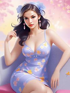 Artistic Digital Illustration of Woman in Floral Lavender Dress
