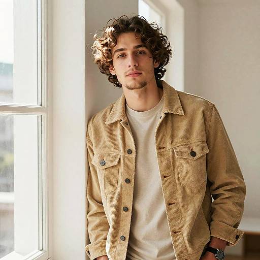 Stylish Young Man in Beige Corduroy Jacket by Window Gen Z Fashion