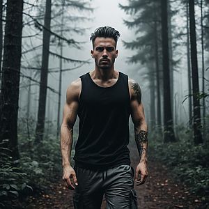 Muscular Man in Misty Forest