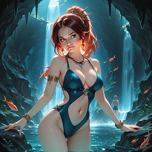 Fantasy Digital Art of Red-Haired Woman in Blue Swimsuit in Waterfall Cave