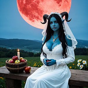 Blue-Skinned Woman with Horns in Moonlit Nature