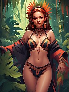Confident Woman in Tribal Bikini in Jungle