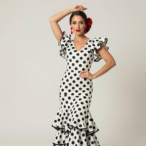 Woman in Polka Dot Flamenco Dress with Red Accessories