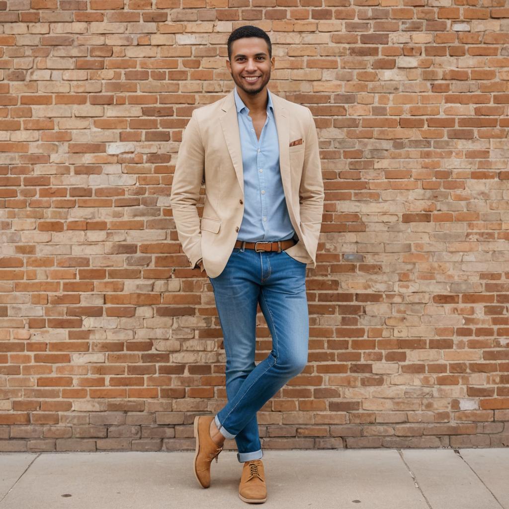 Stylish man in beige blazer leaning against brick wall