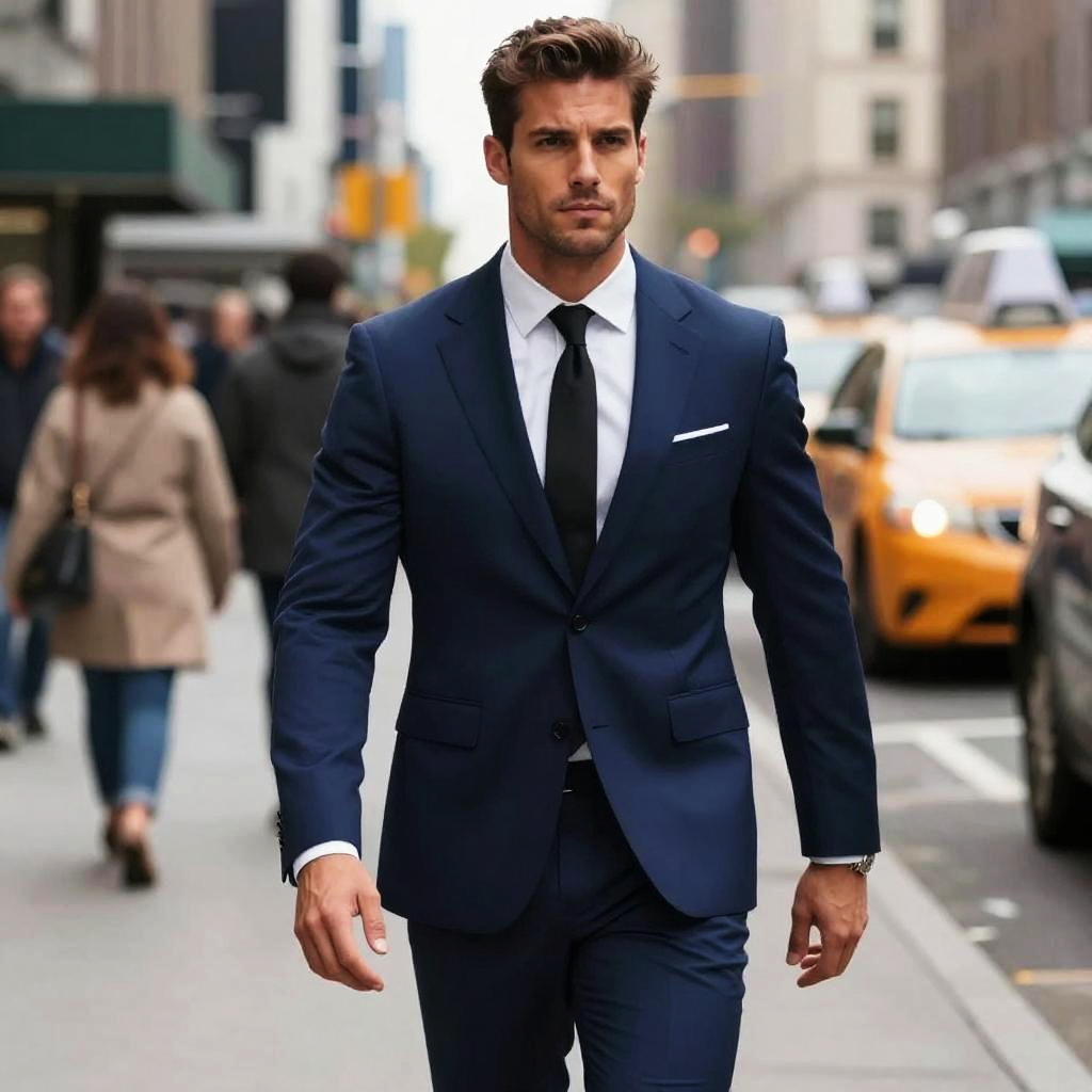 Confident Man in Navy Blue Suit Walking in Urban City Street