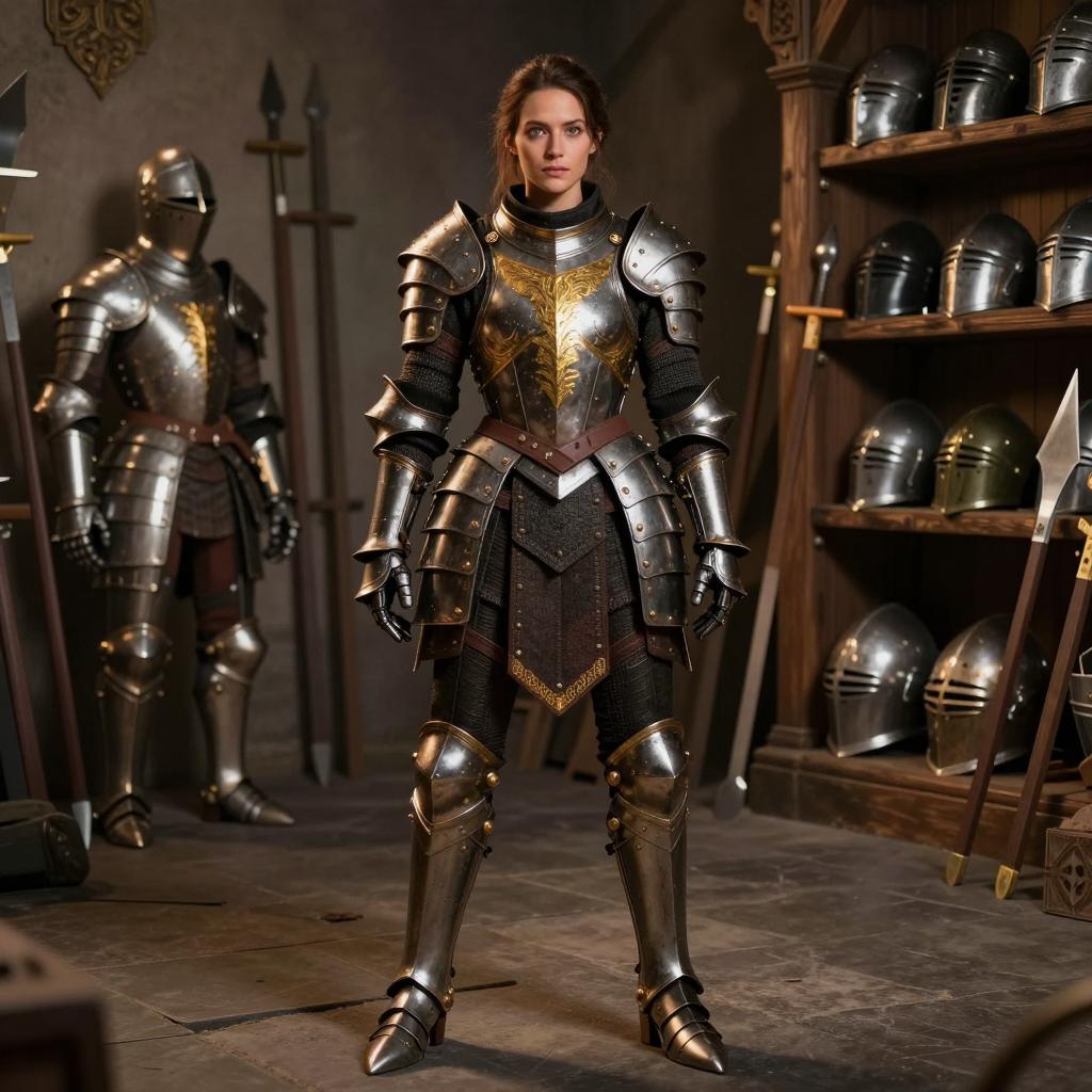 Woman Wearing Medieval Armor in Historic Armory with Gold Detailing
